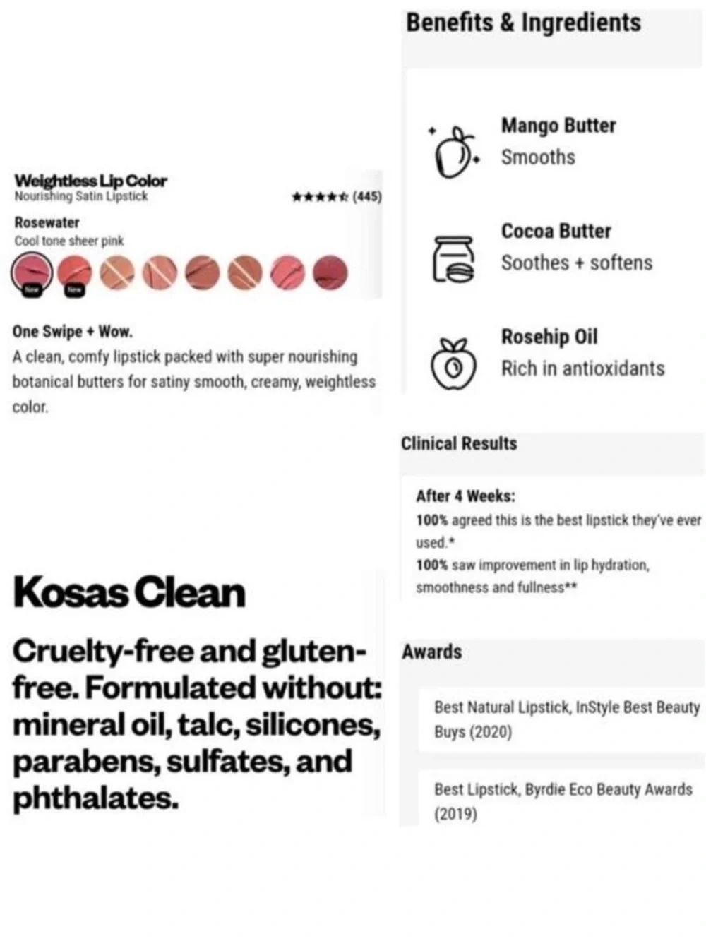Kosas Satin Lipstick in ROSEWATER (Cool Sheer Pink) NEW! FULL SIZE!